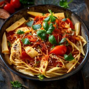 Fresh Red Sauce Pasta prepared with authentic ingredients, homemade Indian food, red sauce pasta online delivery